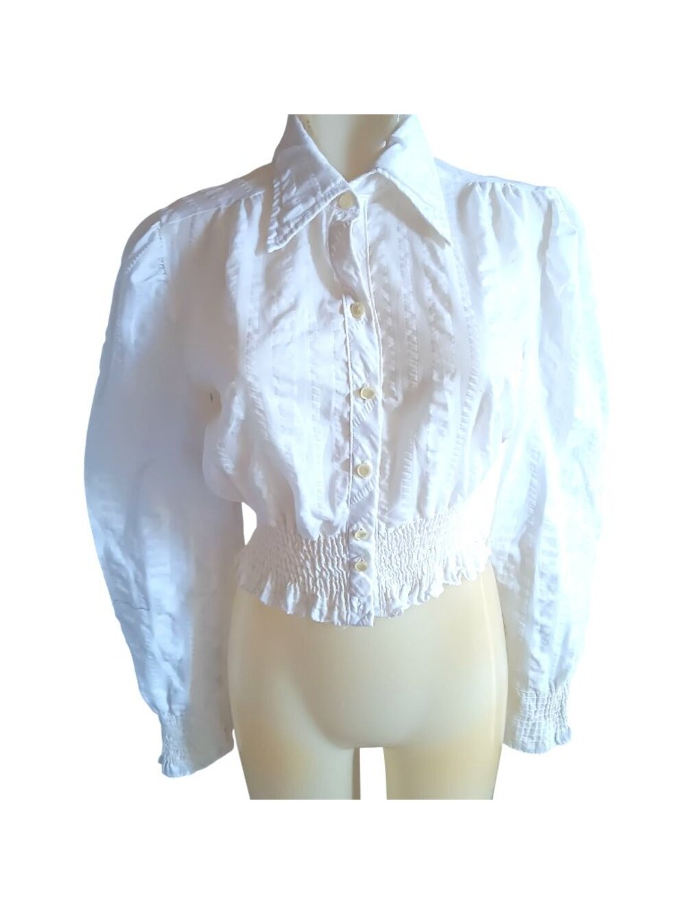 Vintage Womens Small Goth Blouse Top White Smocked Waist & Puffy Sleeves 1970's